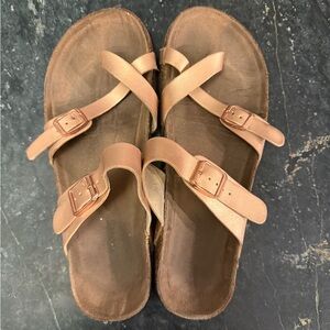 Brown and Tan Strappy Sandals